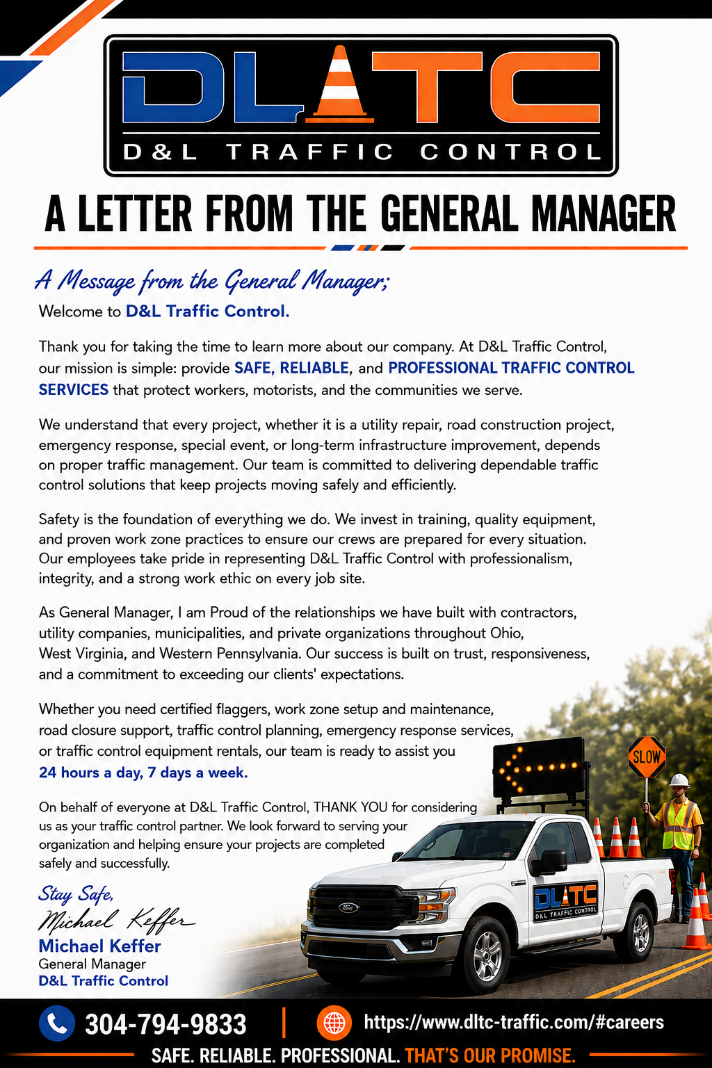 Letter from Michael Keffer, General Manager of D&L Traffic Control
