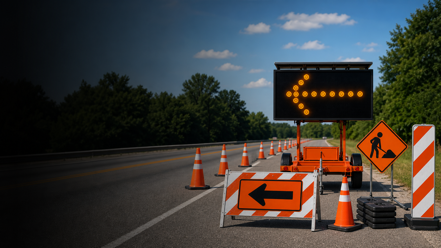 Traffic control equipment staged on a roadway
